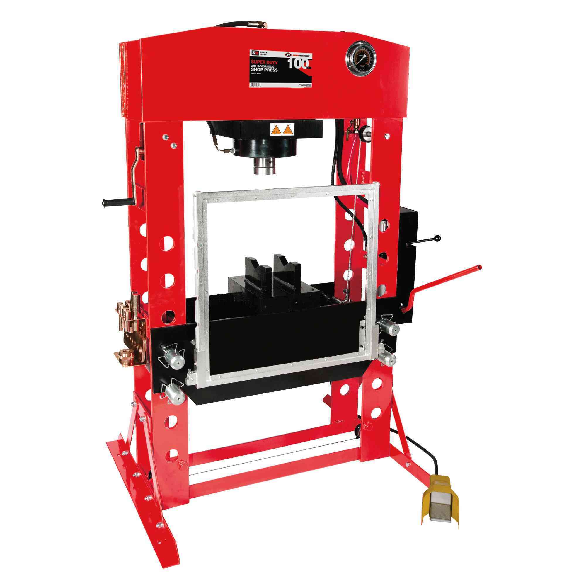 American Forge & Foundry - Shop Press - 100 Ton Capacity - Foot Operated Air Motor/Manual Pump W/ Hydraulic Ram - Built In Polycarbonate Press Guard - 10 pc  Pin & Bearing Press Adapter Set Included - SUPER DUTY - Mode
